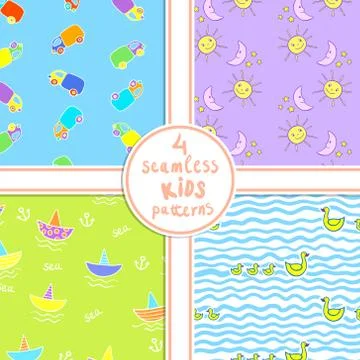 4 seamless kids patterns with funny cartoons set Stock Illustration