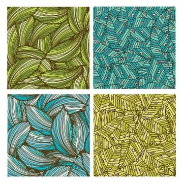 4 seamless patterns with decorative green and blue leaves, design elements Stock Illustration