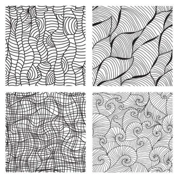 4 seamless patterns with decorative waves, wood texture and grid imitation Stock Illustration