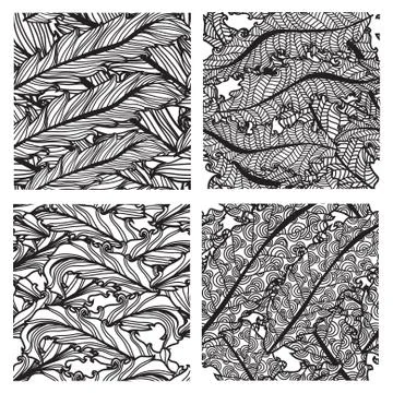 4 seamless patterns with hand drawn decorative feathers, design elements Stock Illustration