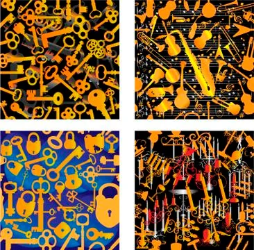 4 Seamless Patterns: Music, Keys, Locks, Candles Stock Illustration