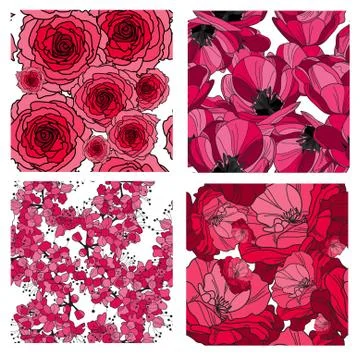 4 seamless patterns with pink roses, tulips and cherry blossom, design elements Stock Illustration