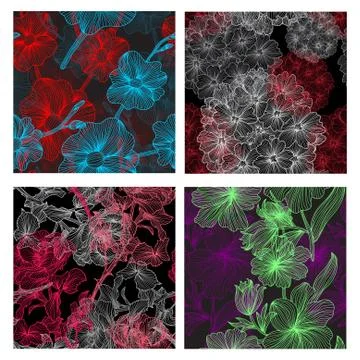 4 seamless patterns with roses, orchids, verbena flowers.  design elements Stock Illustration