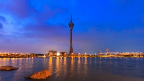 (4 Shots) Macau Tower And Macau Bridge Landmark On Dawn Of Macau China Stock Footage 71459026