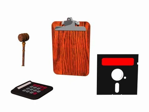 4 simple objects in the illustration. Judges hammer, calculator, small board Stock Illustration