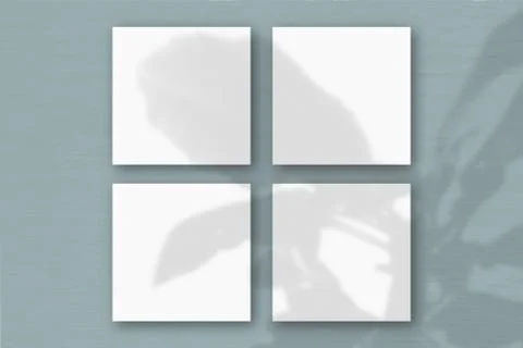 4 square sheets of white textured paper on the blue wall background. Mockup o Stock Illustration