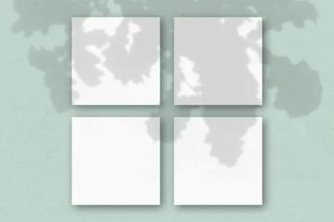 4 square sheets of white textured paper on the blue wall background. Mockup o Stock Illustration