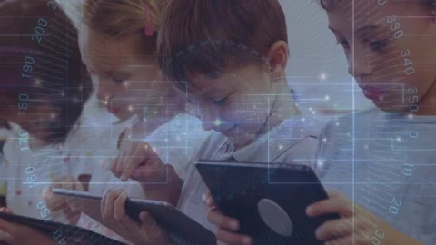 4 students tapping tablets in class, holo grid reacting to taps, camera shifting Stock Footage 330191308