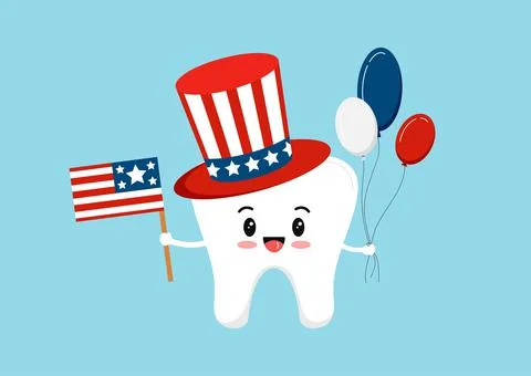 4 th of July tooth with flag and balloons dental icon isolated. Stock Illustration
