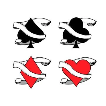 4 types of playing cards pips symbols with a banner scroll around Stock Illustration