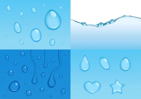 4 vector water backgrounds with drops and bubbles Stock Illustration