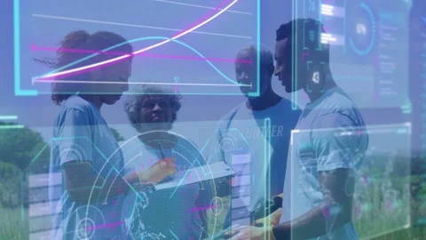 4 volunteers gathering on grass, left lead pointing tablet causing tech HUD Stock Footage 333575352