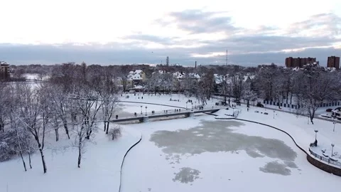 4 winter flight, quadcopter, trees, city, bridge, top view, frost, cold Stock Footage 265237149