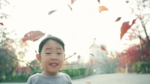 4-year-old kid playing with leaves on a holiday Video stock 161858430