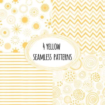 4 yellow hand drawn vector seamless patterns: striped, zig zag, sun icons. Stock Illustration