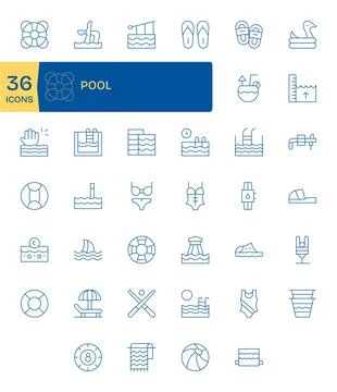 40 128x128 Thin Line Vector Icons for Pool with Editable precision Stock Illustration