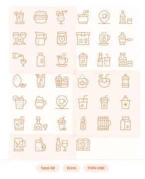 40 256x256 Thin Line Vector Icons optimized for Drink PIXEL Perfect display Stock Illustration