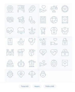 40 256x256 Thin Line Vector Icons for Heart with Pixel Aligned precision Stock Illustration