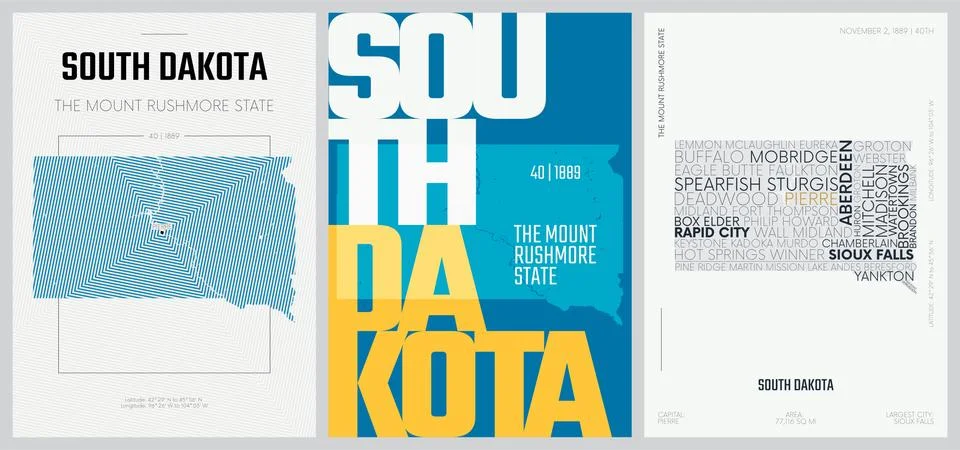 40 of 50 sets, US State Posters with name and Information in 3 Design Styles, Stock Illustration