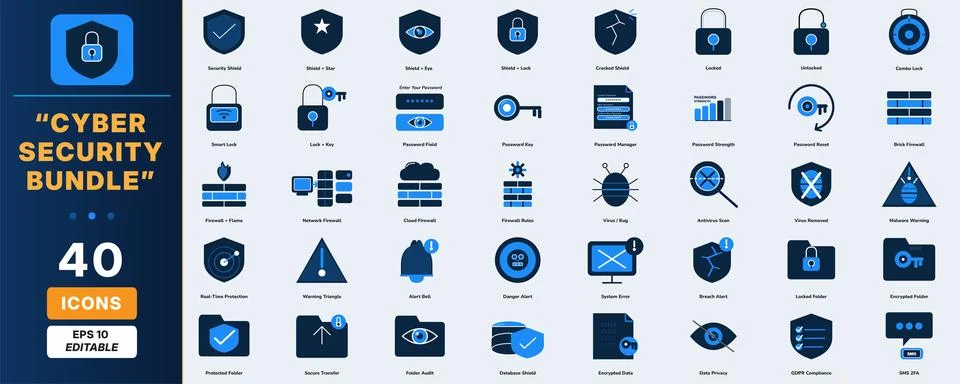40 Cybersecurity Essentials Flat Icons Set Editable Colors Vector Stock Illustration