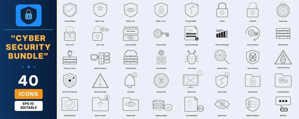 40 Cybersecurity Essentials Lined Icons Set Editable Stroke Vector Stock Illustration