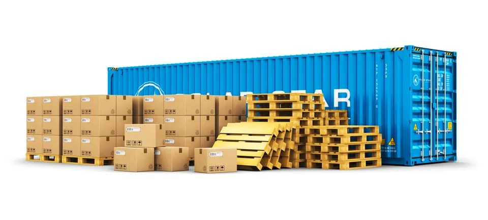 40 ft cargo container and shipping pallets with cardboard boxes Stock Illustration