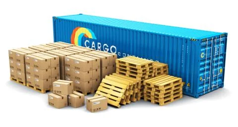 40 ft cargo container and shipping pallets with cardboard boxes Stock Illustration