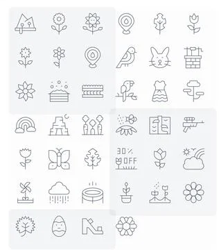 40 Grid Fitted High Resolution Vector Icons for Spring in elegant Thin Line.. Stock Illustration