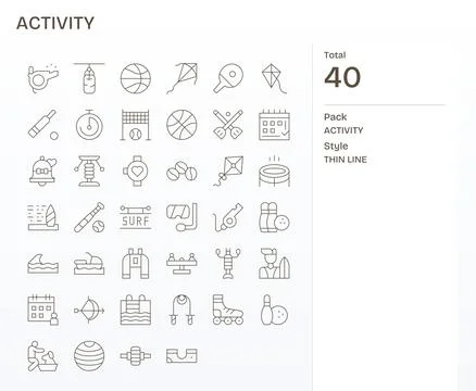 40 High Resolution Thin Line Pixel Aligned Vector Icons for Activity Projects Stock Illustration
