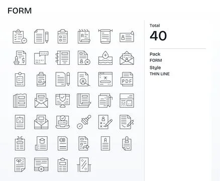 40 High Resolution Thin Line Pixel Optimized Vector Icons for Form Projects Stock Illustration