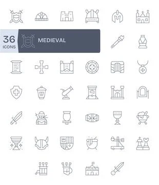 40 High Resolution Thin Line Vector Icons for Medieval with Detail Enhanced.. Stock Illustration
