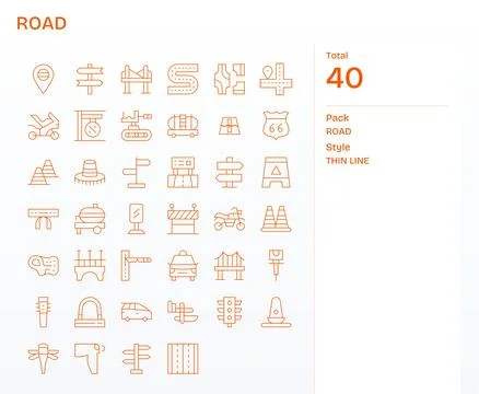 40 High Resolution Thin Line PIXEL Perfect Vector Icons for Road Projects Stock Illustration