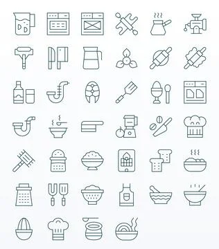 40 Kitchen Pixel Aligned Vector Icons in 128x128 Thin Line Aesthetic Illustrazione stock