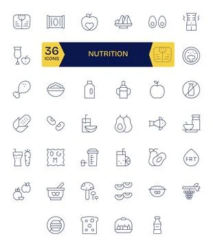 40 Nutrition Pixel Aligned Vector Icons in 64x64 Thin Line Aesthetic Stock Illustration