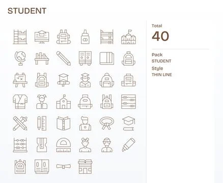 40 Pixel Optimized Thin Line Vector Icons from Student Collection Stock Illustration