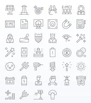 40 Pixel Optimized Vector Icons themed around Power in 64x64 Thin Line format Stock Illustration