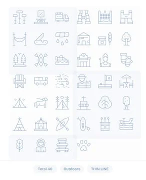 40 Pixel Optimized Vector Icons themed around Outdoors in Retina Ready Thin.. Stock Illustration
