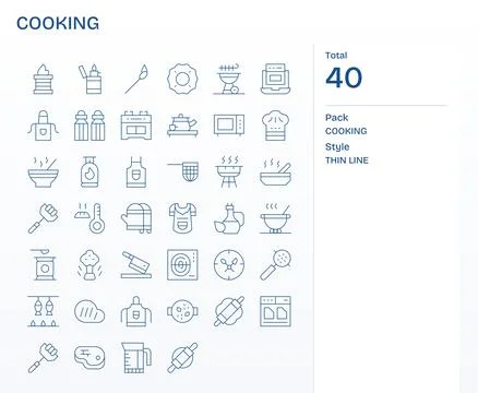 40 Retina Ready Thin Line PIXEL Perfect Vector Icons for Cooking Projects Stock Illustration