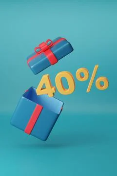 40 % solid text coming out of a gift box on blue background. 3d illustration. Illustrazione stock