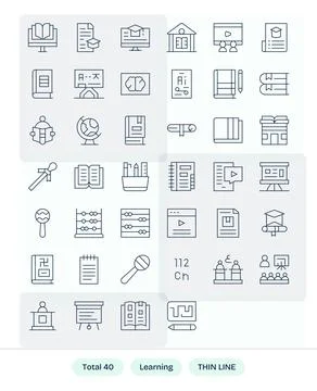 40 Thin Line Grid Fitted High Resolution Vector Icons from Learning Suite Stock Illustration