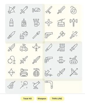 40 Thin Line PIXEL Perfect Vector Icons tailored for Weapon 256x256 interface Stock Illustration