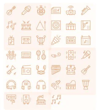40 Thin Line Vector Icons for Music in crisp 64x64 Detail Enhanced resolution Stock Illustration