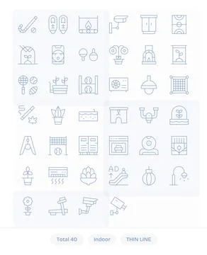 40 Thin Line Vector Icons for Indoor in crisp 128x128 Pixel Aligned resolutio Stock Illustration