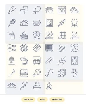 40 Thin Line Vector Icons for Grill in crisp 256x256 Pixel Optimized resoluti Stock Illustration