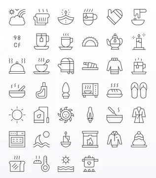 40 Vector Icons inspired by Warm in Grid Fitted 64x64 Thin Line quality Stock Illustration