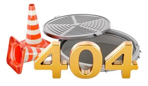 404 error, concept with traffic cones and manhole, 3D rendering Stock-Illustration