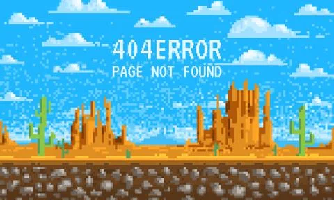 404 error page. not found. Landscape background, pixel art, 8-bit game digital Stock Illustration
