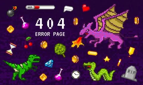 404 Error page not found. Pixel art 8 bit objects. Retro game assets. Set of Illustrazione stock