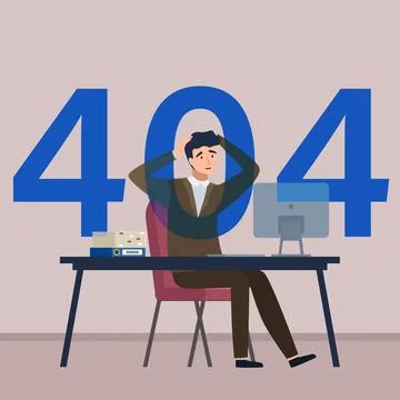 404 error page not found system updates, upset man at computer, server cannot Stock Illustration