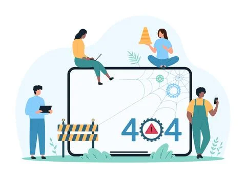 404 error, page not found, tiny people from technical support work with warning Stock Illustration